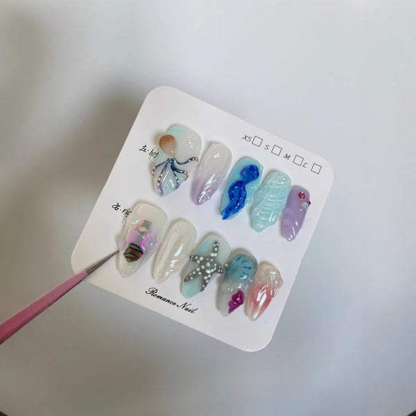 Uñas Postizas Artesanales Mundo Submarino Feliz Blanco - Manicura Larga Avanzada
