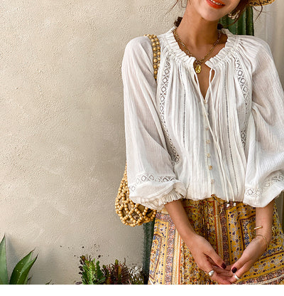Blusa Blanca de Manga Larga Estilo Francés para Mujer - Image 3