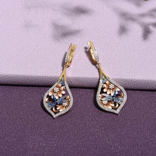 Aretes de Diamantes Completos con Diseño Floral Goteo Artesanal - Image 2