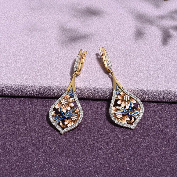 Aretes de Diamantes Completos con Diseño Floral Goteo Artesanal