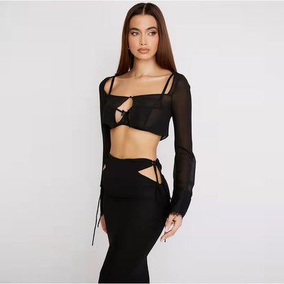 Blusa Cropped de Encaje y Gasa con Cuello Cuadrado y Manga Larga - Image 18
