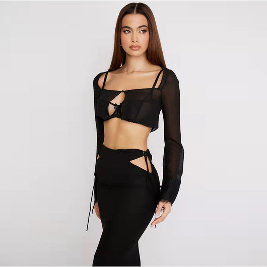 Blusa Cropped de Encaje y Gasa con Cuello Cuadrado y Manga Larga - Image 18