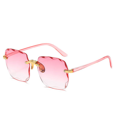 Pink rimless square sunglasses with wavy edges, gold-tone hardware, and clear pink temples on a white background. - Image 23