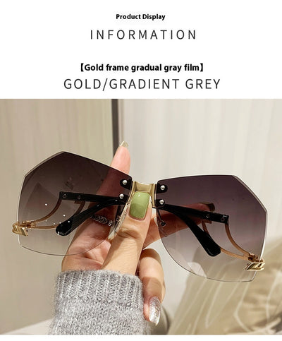 Rimless sunglasses with gradient pink lenses and gold-tone hollow temples, featuring a unique quadrilateral shape. - Image 12