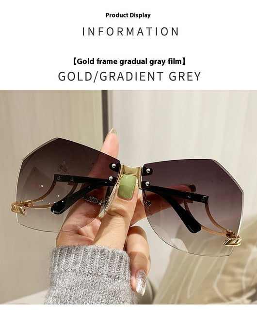 Rimless sunglasses with gradient pink lenses and gold-tone hollow temples, featuring a unique quadrilateral shape. - Image 12