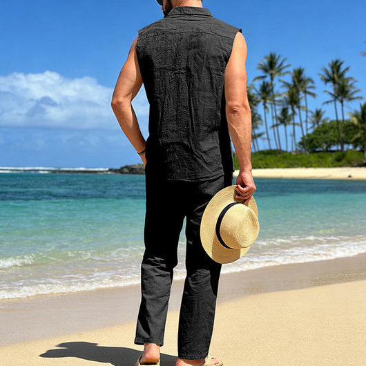 Conjunto de Lino Holgado para Hombre: Camisa sin Mangas y Pantalón Recto - Image 25