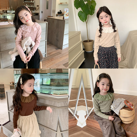 Blusa Infantil de Cachemira con Cuello de Encaje y Rayas Hundidas