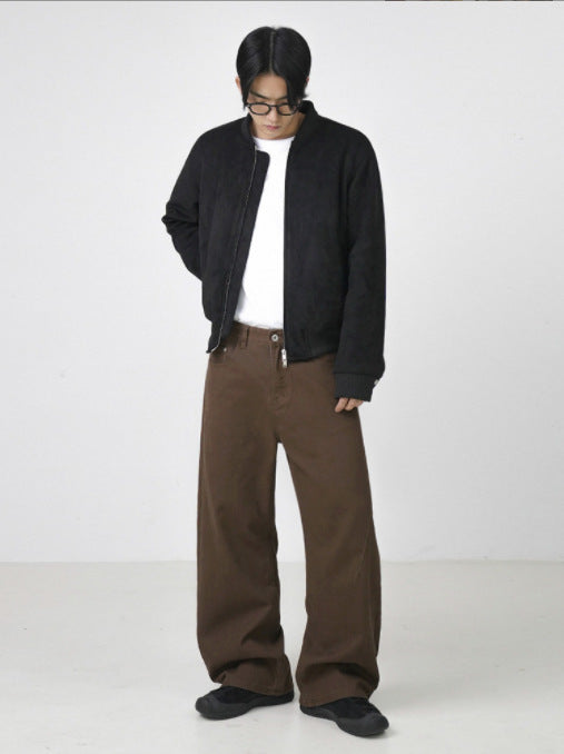 Pantalones Rectos de Algodón Lavado Estilo Retro en Marrón - Image 4