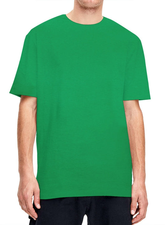 Plain light beige short-sleeved crew neck t-shirt made of cotton, shown on a model. - Image 9
