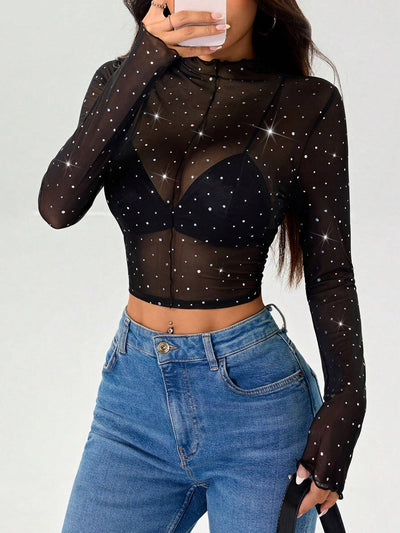 Blusa Transparente con Cuello Alto, Manga Larga y Lentejuelas Brillantes - Image 6