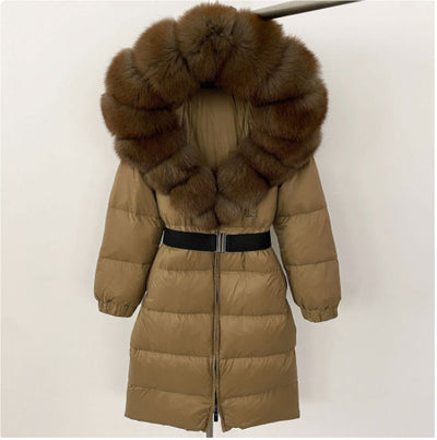 Abrigo Hoodie Largo para Mujer con Cuello de Piel de Zorro y Cintura Ajustada - Image 21