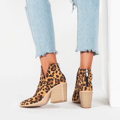 Botas Cortas Leopardo Mujer Tacón Alto Grueso Punta Fina