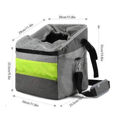 Gray and neon green Oxford pet carrier with mesh panels, drawstring top, front pocket, and detachable shoulder strap. - Image 12
