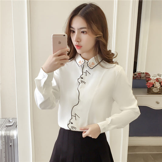Blusa Blanca Holgada con Bordado de Gato - Diseño Adorable y Cómodo