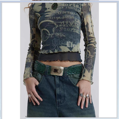 Camiseta Manga Larga Estilo Vintage con Detalles de Malla Superpuesta - Image 11