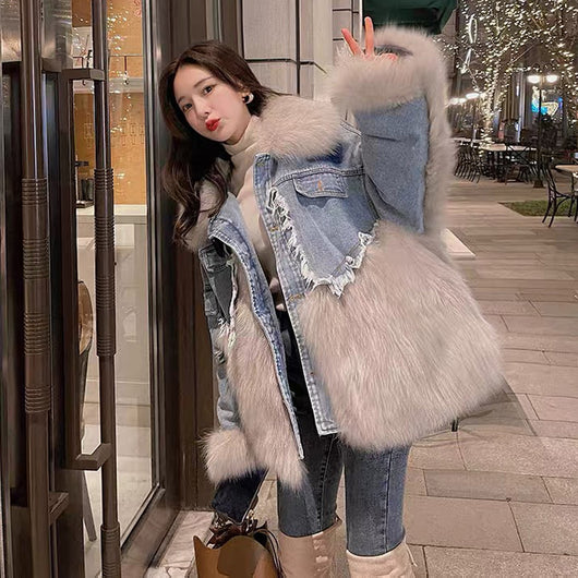 Parka Acolchado Denim con Cuello de Pelaje Ecológico para Mujer