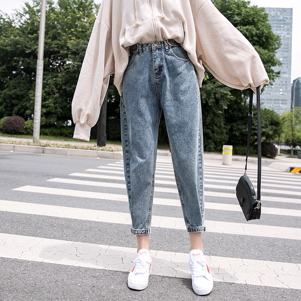 Jeans Sueltos de Cintura Alta Estilo Coreano para Mujer