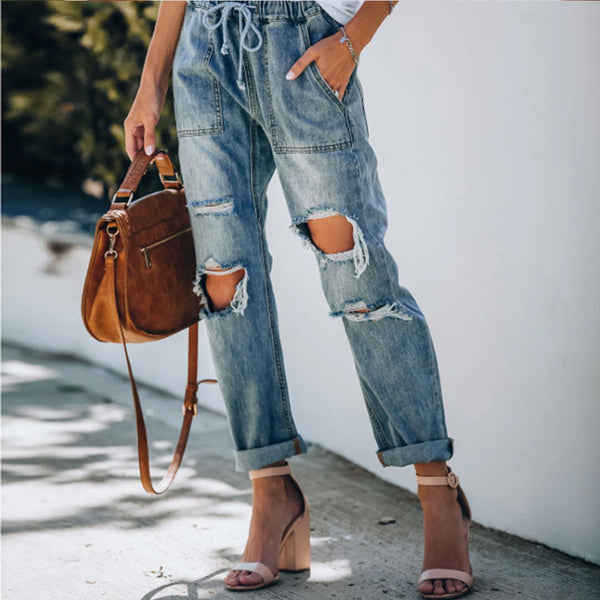 Pantalón Vaquero Blanco Rotos con Cordones