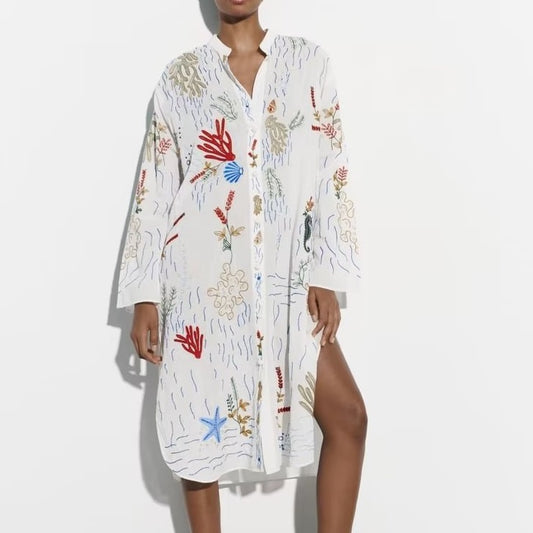 Vestido Camisero Largo Holgado con Bordados para Mujer