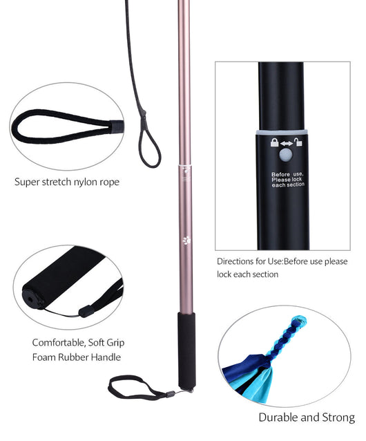 Black telescopic pet training rod with a black cord and two interchangeable braided fabric attachments in green/yellow and blue. - Image 17