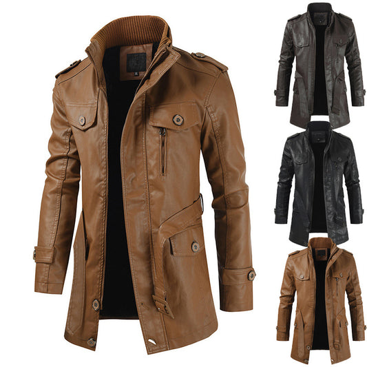 Abrigo Trench de Cuero con Cuello Mao y Forro de Terciopelo para Hombre