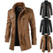 Abrigo Trench de Cuero con Cuello Mao y Forro de Terciopelo para Hombre
