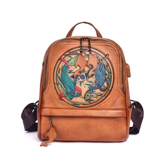 Mochila Vintage de Cuero con Doble Compartimento y Grabado Artesanal - Image 5