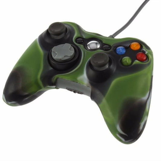 Red, black, and white camouflage silicone case for an Xbox 360 controller, featuring textured grips.