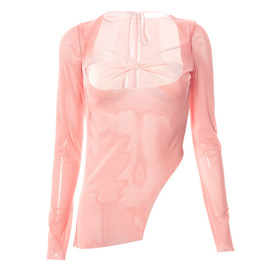 Blusa Larga de Manga Larga con Cuello Halter y Detalles Transparentes - Image 5