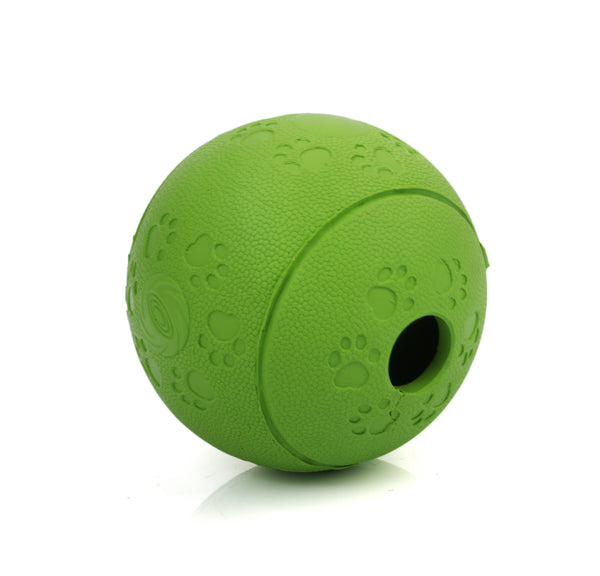 Red TPR dog leaking food ball with paw print patterns and a treat dispensing hole.