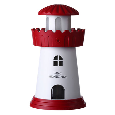 Blue and white lighthouse-shaped mini humidifier with a power button, decorative windows, and a door. - Image 8