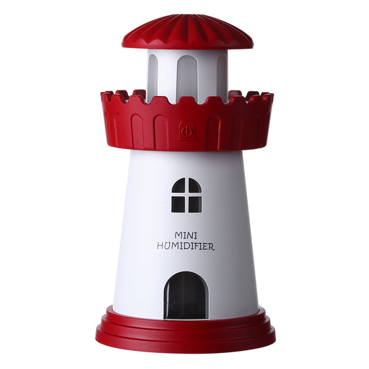 Blue and white lighthouse-shaped mini humidifier with a power button, decorative windows, and a door. - Image 8