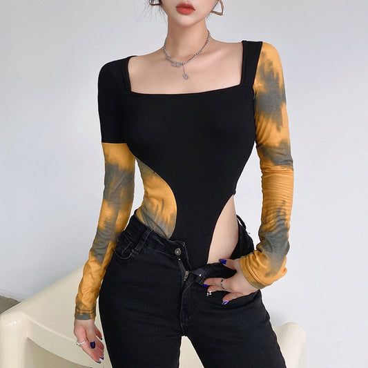 Blusa Retro de Diseño Francés con Escote Cuadrado y Bloques de Color