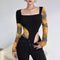 Retro French Design Blouse with Square Neckline and Color Blocks