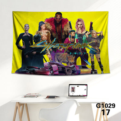 Cyberpunk 2077 tapestry featuring V and Jackie Welles with a neon-lit futuristic city skyline background. - Image 25
