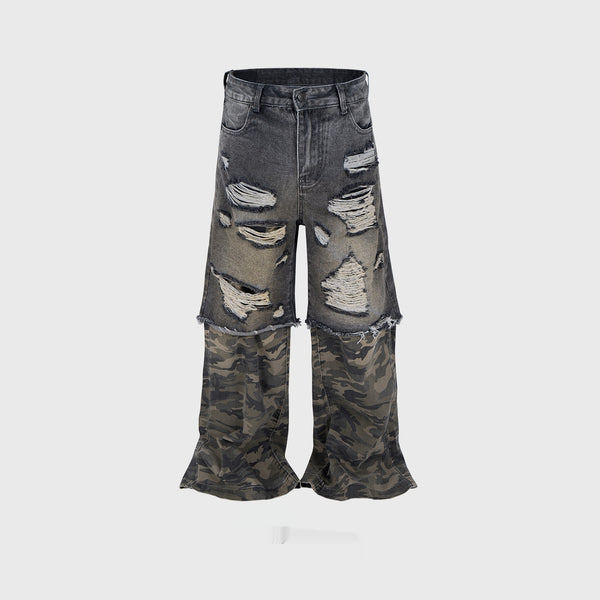 Jeans Rotos Pierna Ancha con Costuras de Camuflaje