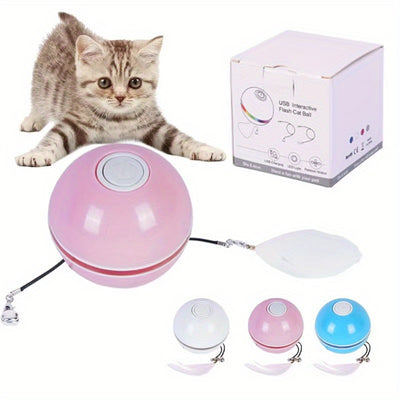 White electric interactive cat toy ball with LED light and feather attachment, shown with its white packaging box. - Image 4