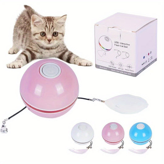 White electric interactive cat toy ball with LED light and feather attachment, shown with its white packaging box. - Image 4