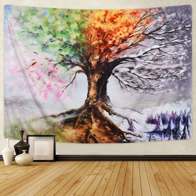 Four seasons tree tapestry with vibrant green, pink, orange, and snowy branches, depicting spring, summer, autumn, and winter.