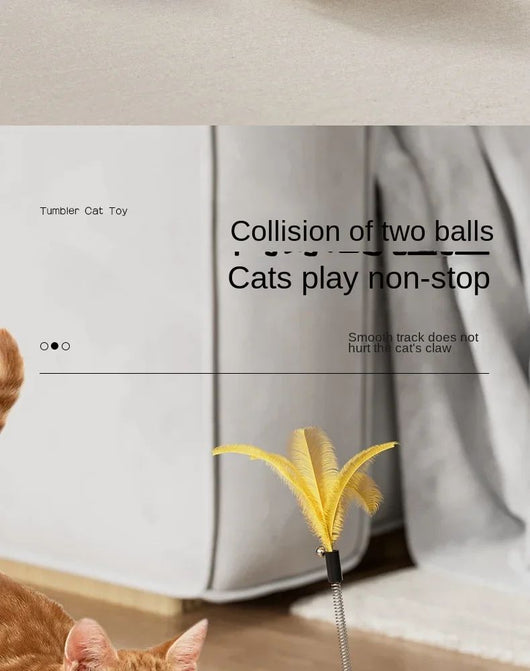 Yellow UFO tumbler cat toy with rolling balls, a clear dome, and a spring-mounted feather wand with a bell. - Image 20