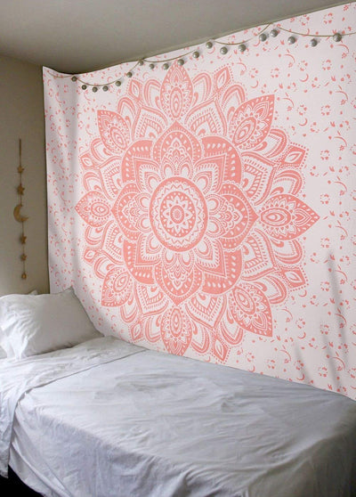 Navy blue tapestry with a large gold mandala pattern and smaller gold floral designs, made of polyester.