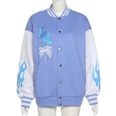 Chaqueta Beisbolera Suelta con Costuras de Contraste y Bordados - Image 5