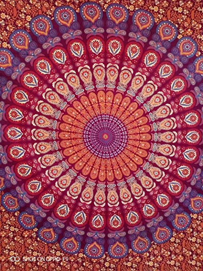 Blue, orange, and red mandala tapestry with intricate floral patterns, ideal for wall decor or dorm rooms. - Image 12