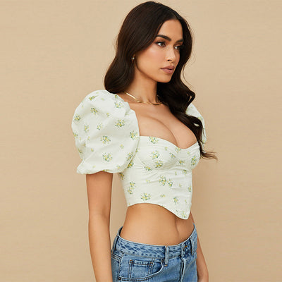 Blusa Temperament Commuter con Mangas Voluminosas Blanca Estampada Cuello Cuadrado - Image 5