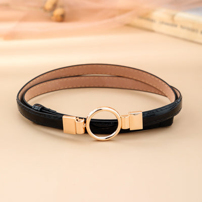 Black imitation leather belt with a glossy finish and a gold-tone round double buckle. - Image 6