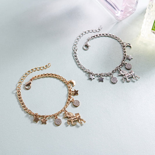 Pulsera de Charms Unicornio Plata y Oro con Luna y Estrellas - Regalo Anime para Niñas y Mujeres