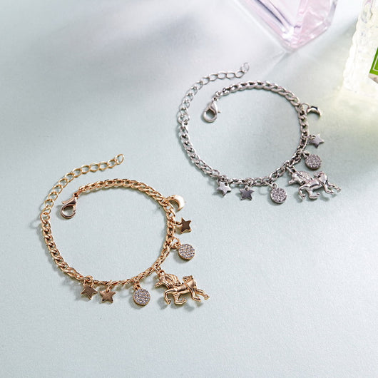 Pulsera de Charms Unicornio Plata y Oro con Luna y Estrellas - Regalo Anime para Niñas y Mujeres
