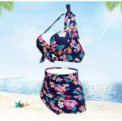 Navy blue floral high-waisted bikini with a halter top and front tie knot, featuring pink, orange, and white flowers. - Image 3