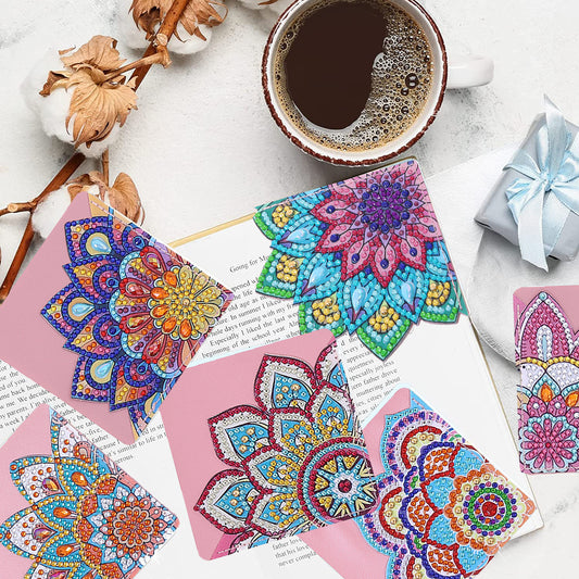 Set de 8 Marcapáginas de Cuero PU con Cristales Mandala Adhesivos Hechos a Mano