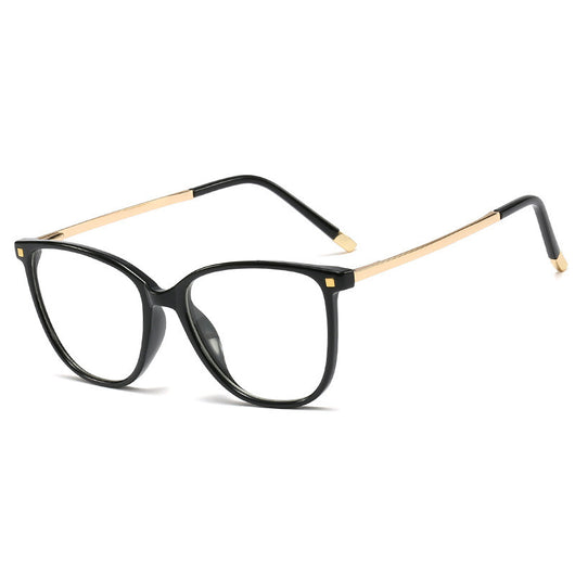 Black full-frame blue light blocking glasses with gold-colored metal temples on a white background.